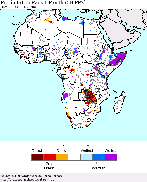 Africa Precipitation Rank since 1981, 1-Month (CHIRPS) Thematic Map For 12/6/2019 - 1/5/2020