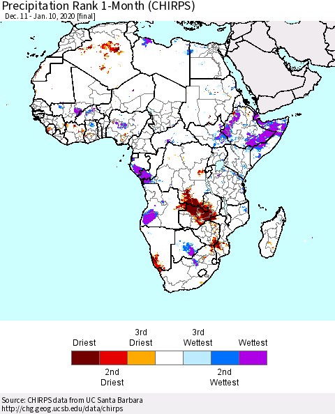 Africa Precipitation Rank since 1981, 1-Month (CHIRPS) Thematic Map For 12/11/2019 - 1/10/2020