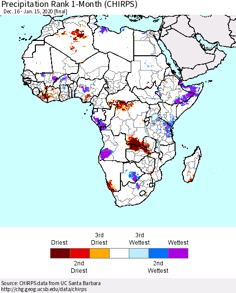 Africa Precipitation Rank since 1981, 1-Month (CHIRPS) Thematic Map For 12/16/2019 - 1/15/2020