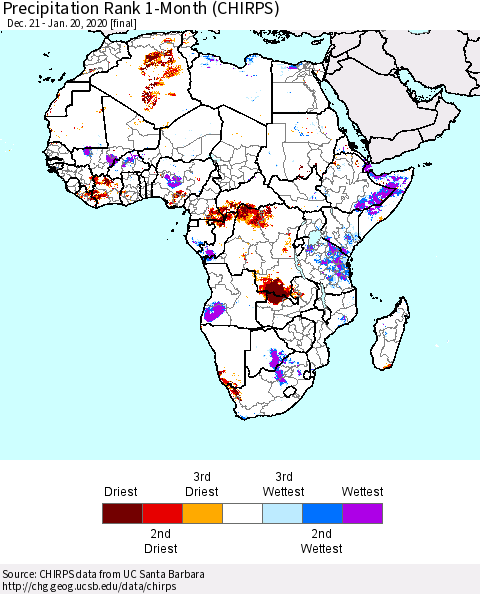 Africa Precipitation Rank since 1981, 1-Month (CHIRPS) Thematic Map For 12/21/2019 - 1/20/2020