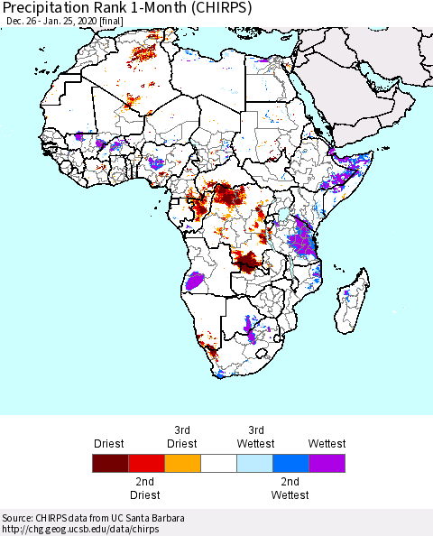 Africa Precipitation Rank since 1981, 1-Month (CHIRPS) Thematic Map For 12/26/2019 - 1/25/2020