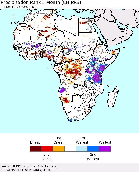 Africa Precipitation Rank since 1981, 1-Month (CHIRPS) Thematic Map For 1/6/2020 - 2/5/2020