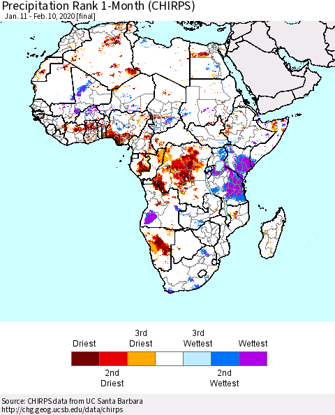 Africa Precipitation Rank since 1981, 1-Month (CHIRPS) Thematic Map For 1/11/2020 - 2/10/2020