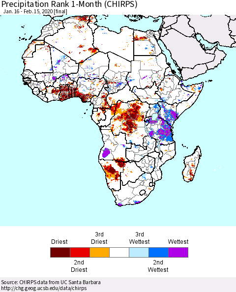 Africa Precipitation Rank since 1981, 1-Month (CHIRPS) Thematic Map For 1/16/2020 - 2/15/2020