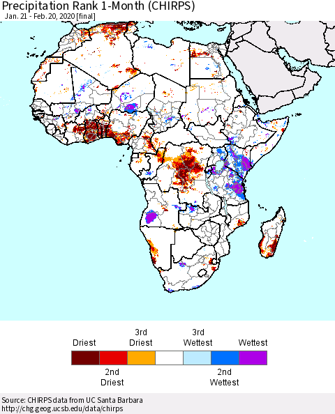 Africa Precipitation Rank since 1981, 1-Month (CHIRPS) Thematic Map For 1/21/2020 - 2/20/2020