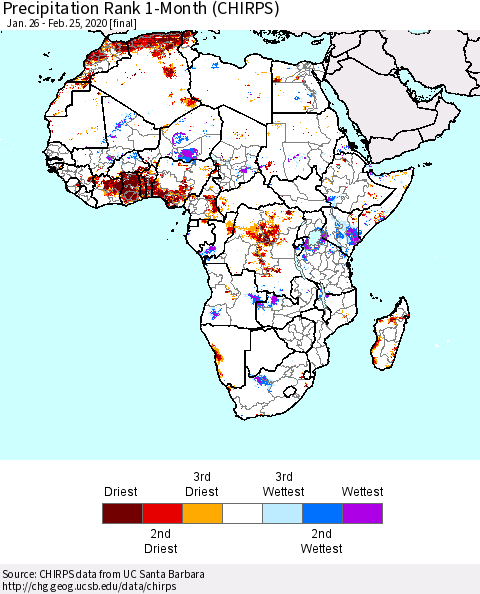 Africa Precipitation Rank since 1981, 1-Month (CHIRPS) Thematic Map For 1/26/2020 - 2/25/2020