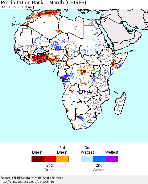 Africa Precipitation Rank since 1981, 1-Month (CHIRPS) Thematic Map For 2/1/2020 - 2/29/2020