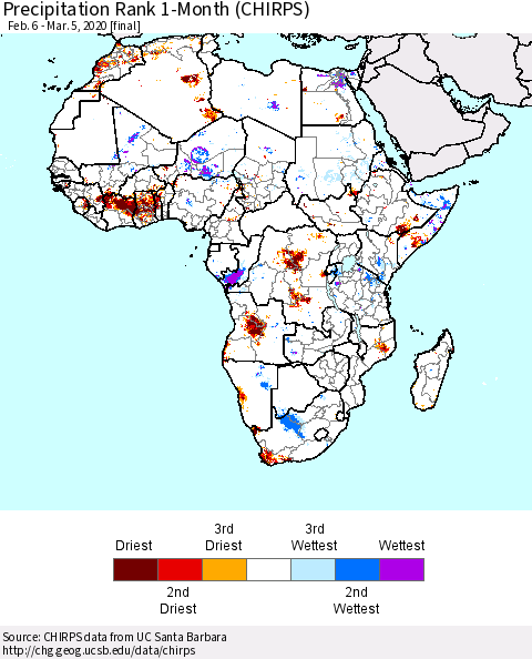 Africa Precipitation Rank since 1981, 1-Month (CHIRPS) Thematic Map For 2/6/2020 - 3/5/2020