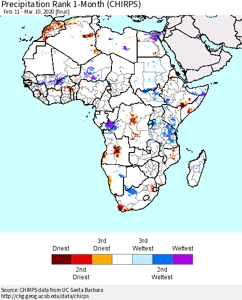 Africa Precipitation Rank since 1981, 1-Month (CHIRPS) Thematic Map For 2/11/2020 - 3/10/2020