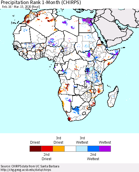 Africa Precipitation Rank since 1981, 1-Month (CHIRPS) Thematic Map For 2/16/2020 - 3/15/2020