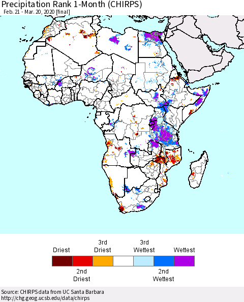 Africa Precipitation Rank since 1981, 1-Month (CHIRPS) Thematic Map For 2/21/2020 - 3/20/2020