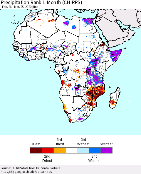 Africa Precipitation Rank since 1981, 1-Month (CHIRPS) Thematic Map For 2/26/2020 - 3/25/2020