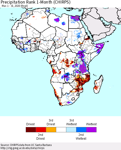 Africa Precipitation Rank 1-Month (CHIRPS) Thematic Map For 3/1/2020 - 3/31/2020