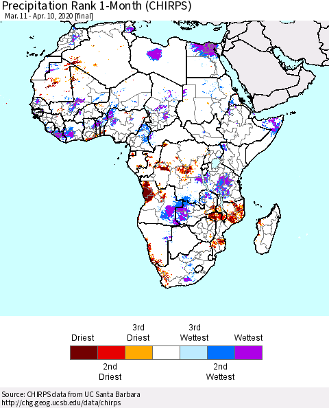 Africa Precipitation Rank 1-Month (CHIRPS) Thematic Map For 3/11/2020 - 4/10/2020