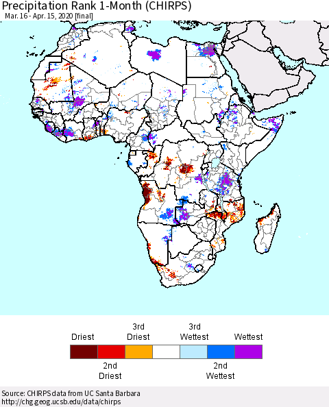 Africa Precipitation Rank 1-Month (CHIRPS) Thematic Map For 3/16/2020 - 4/15/2020