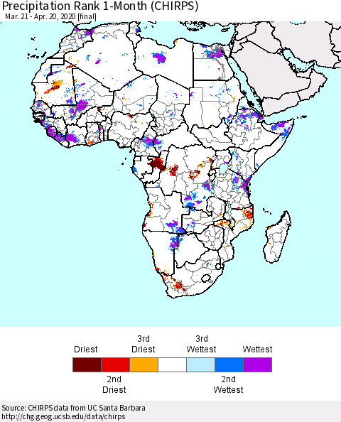 Africa Precipitation Rank 1-Month (CHIRPS) Thematic Map For 3/21/2020 - 4/20/2020