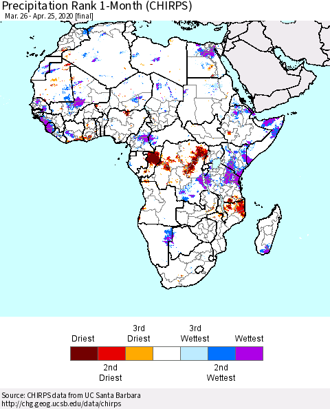 Africa Precipitation Rank since 1981, 1-Month (CHIRPS) Thematic Map For 3/26/2020 - 4/25/2020