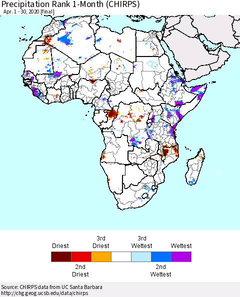 Africa Precipitation Rank since 1981, 1-Month (CHIRPS) Thematic Map For 4/1/2020 - 4/30/2020