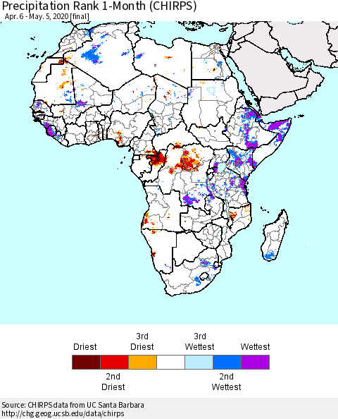 Africa Precipitation Rank 1-Month (CHIRPS) Thematic Map For 4/6/2020 - 5/5/2020