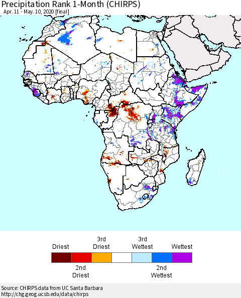 Africa Precipitation Rank 1-Month (CHIRPS) Thematic Map For 4/11/2020 - 5/10/2020
