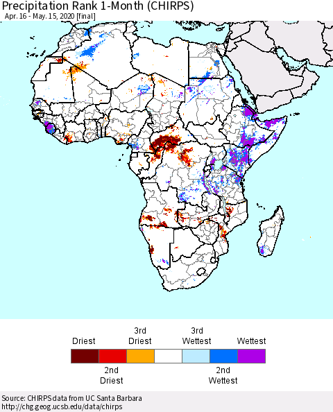 Africa Precipitation Rank since 1981, 1-Month (CHIRPS) Thematic Map For 4/16/2020 - 5/15/2020