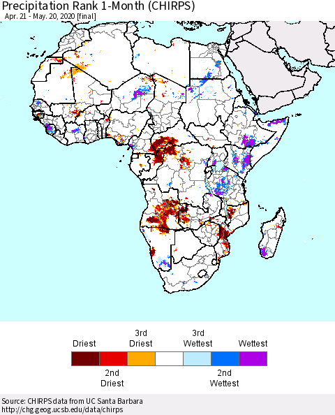Africa Precipitation Rank 1-Month (CHIRPS) Thematic Map For 4/21/2020 - 5/20/2020