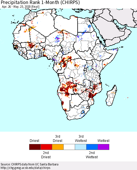 Africa Precipitation Rank 1-Month (CHIRPS) Thematic Map For 4/26/2020 - 5/25/2020