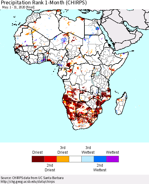 Africa Precipitation Rank 1-Month (CHIRPS) Thematic Map For 5/1/2020 - 5/31/2020