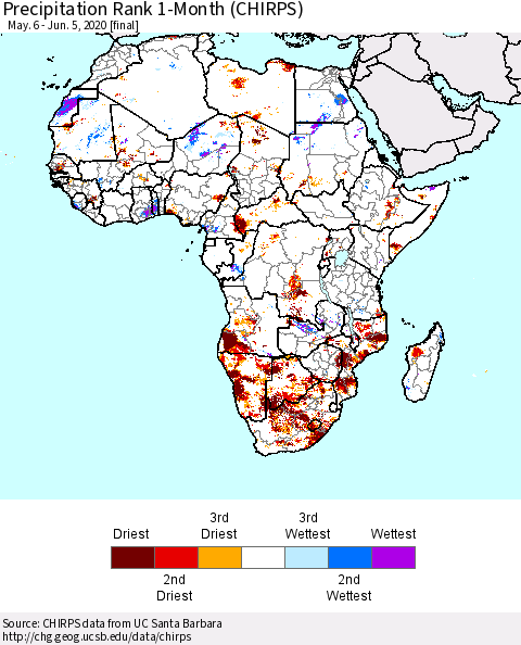 Africa Precipitation Rank 1-Month (CHIRPS) Thematic Map For 5/6/2020 - 6/5/2020