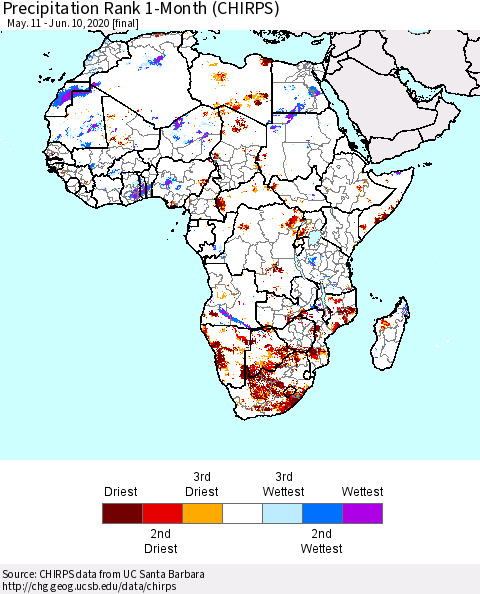 Africa Precipitation Rank since 1981, 1-Month (CHIRPS) Thematic Map For 5/11/2020 - 6/10/2020