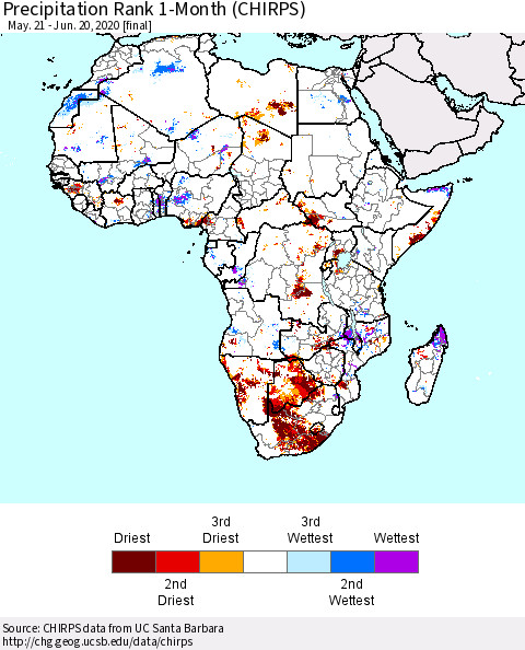 Africa Precipitation Rank 1-Month (CHIRPS) Thematic Map For 5/21/2020 - 6/20/2020
