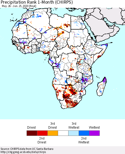 Africa Precipitation Rank 1-Month (CHIRPS) Thematic Map For 5/26/2020 - 6/25/2020
