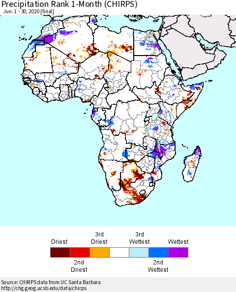 Africa Precipitation Rank since 1981, 1-Month (CHIRPS) Thematic Map For 6/1/2020 - 6/30/2020