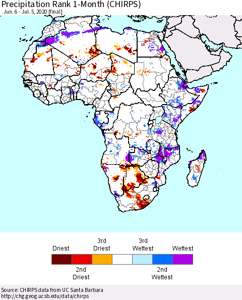 Africa Precipitation Rank 1-Month (CHIRPS) Thematic Map For 6/6/2020 - 7/5/2020