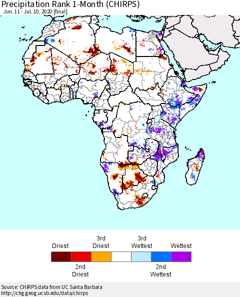 Africa Precipitation Rank 1-Month (CHIRPS) Thematic Map For 6/11/2020 - 7/10/2020