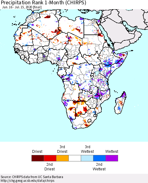 Africa Precipitation Rank 1-Month (CHIRPS) Thematic Map For 6/16/2020 - 7/15/2020