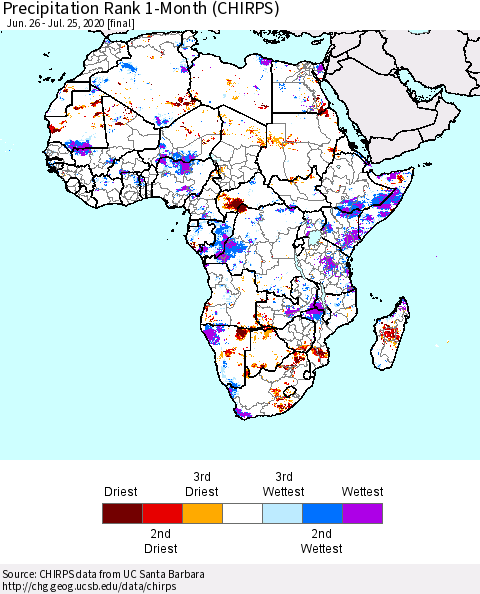 Africa Precipitation Rank 1-Month (CHIRPS) Thematic Map For 6/26/2020 - 7/25/2020