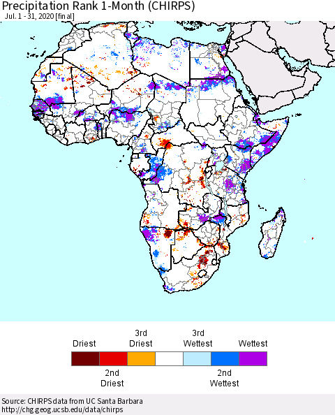 Africa Precipitation Rank 1-Month (CHIRPS) Thematic Map For 7/1/2020 - 7/31/2020