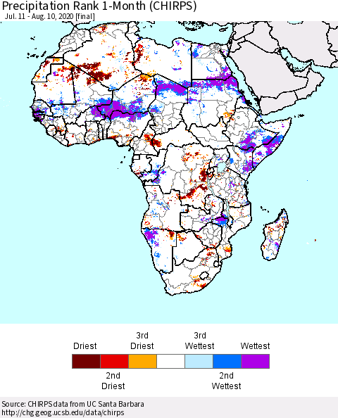 Africa Precipitation Rank 1-Month (CHIRPS) Thematic Map For 7/11/2020 - 8/10/2020