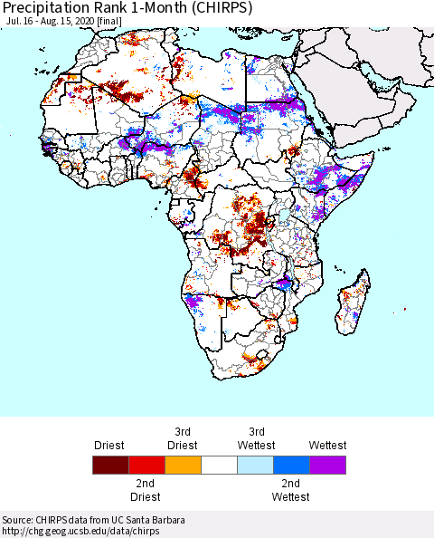 Africa Precipitation Rank 1-Month (CHIRPS) Thematic Map For 7/16/2020 - 8/15/2020