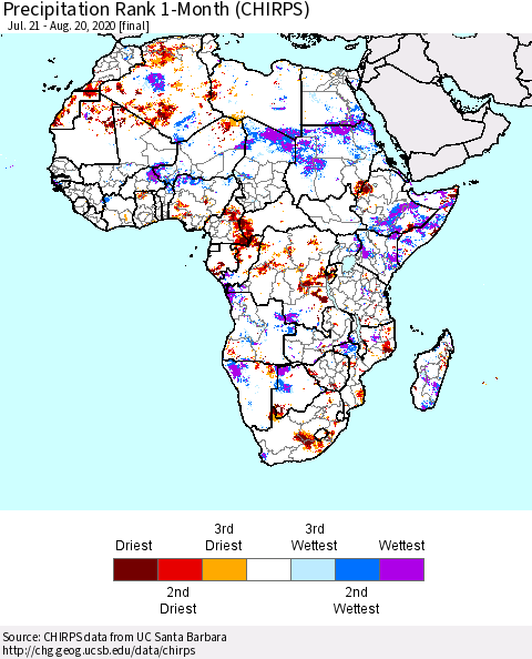 Africa Precipitation Rank 1-Month (CHIRPS) Thematic Map For 7/21/2020 - 8/20/2020