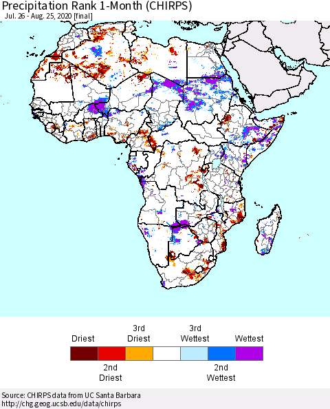 Africa Precipitation Rank since 1981, 1-Month (CHIRPS) Thematic Map For 7/26/2020 - 8/25/2020
