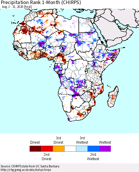 Africa Precipitation Rank since 1981, 1-Month (CHIRPS) Thematic Map For 8/1/2020 - 8/31/2020