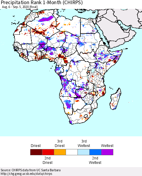 Africa Precipitation Rank 1-Month (CHIRPS) Thematic Map For 8/6/2020 - 9/5/2020