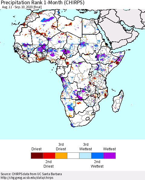 Africa Precipitation Rank 1-Month (CHIRPS) Thematic Map For 8/11/2020 - 9/10/2020