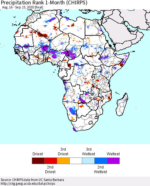 Africa Precipitation Rank 1-Month (CHIRPS) Thematic Map For 8/16/2020 - 9/15/2020