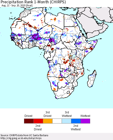 Africa Precipitation Rank 1-Month (CHIRPS) Thematic Map For 8/21/2020 - 9/20/2020