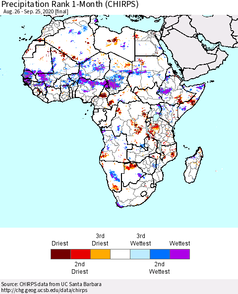 Africa Precipitation Rank 1-Month (CHIRPS) Thematic Map For 8/26/2020 - 9/25/2020