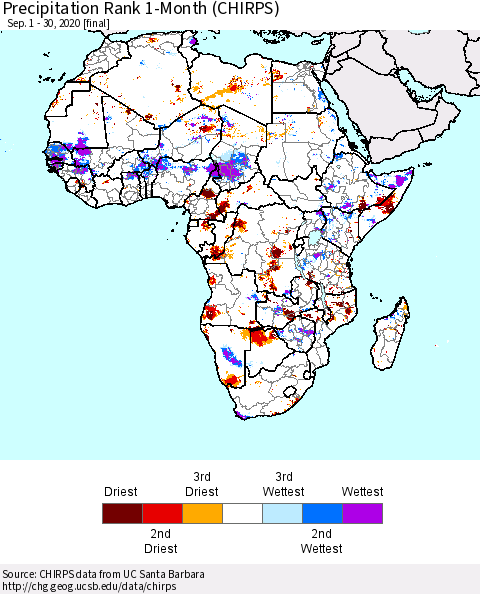 Africa Precipitation Rank 1-Month (CHIRPS) Thematic Map For 9/1/2020 - 9/30/2020