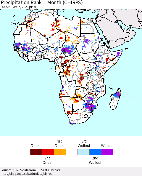 Africa Precipitation Rank since 1981, 1-Month (CHIRPS) Thematic Map For 9/6/2020 - 10/5/2020